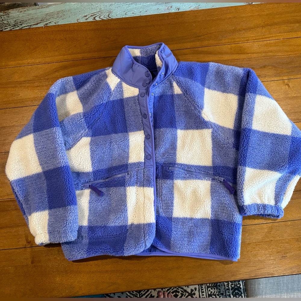 NWOT Free People Hit The Slopes Printed Fleece Jacket, Blue Iris Gingham, XL